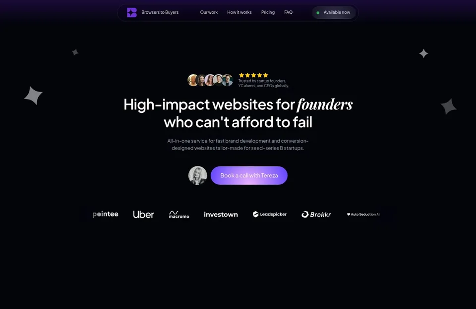 Úvodní stránka webu agentury Browsers to Buyers: tmavé pozadí, nadpis High-impact websites for founders who can’t afford to fail a loga klientů